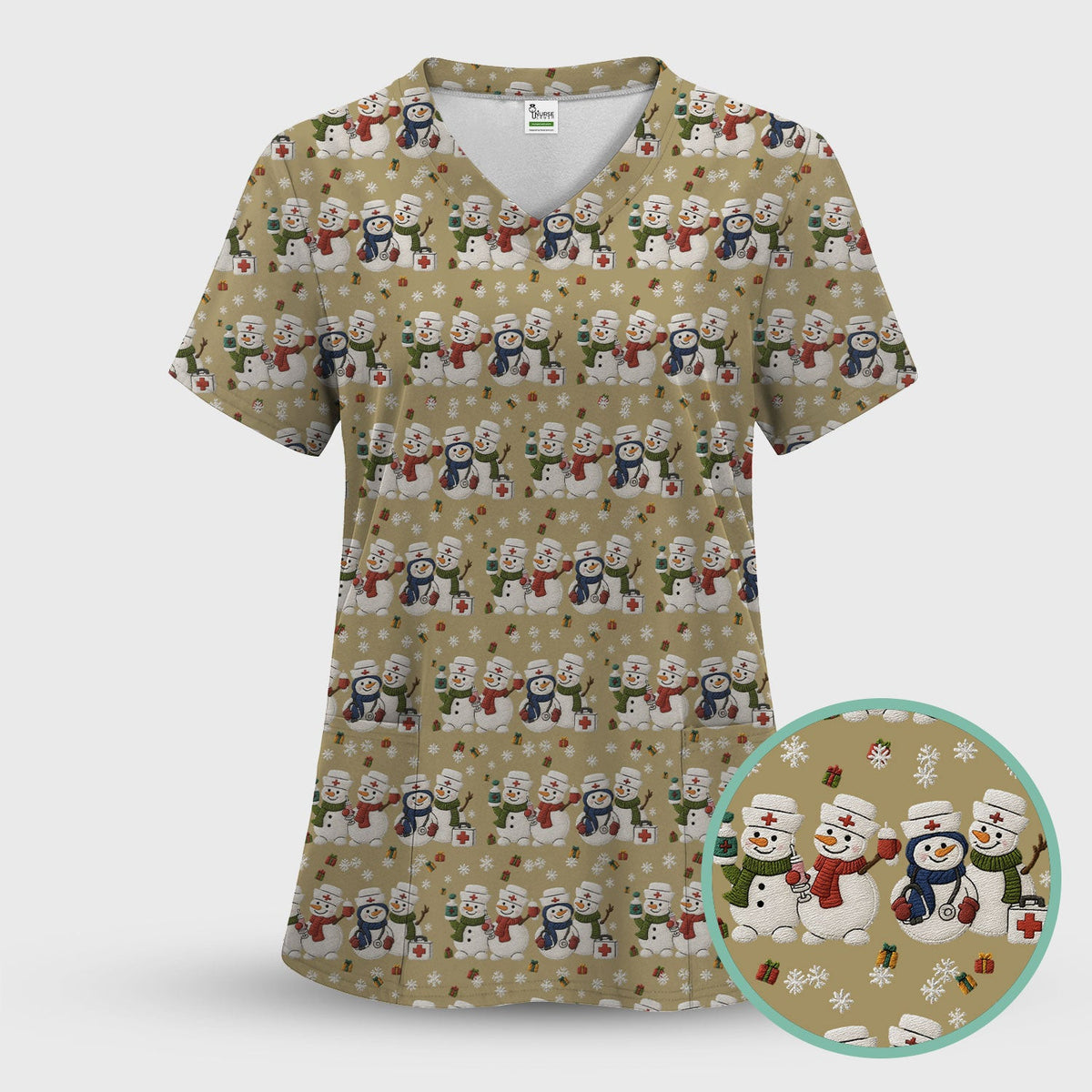 Cute Christmas Snowman Nurse Pattern Scrub Top, Breathable Fabrics Nursing Uniform