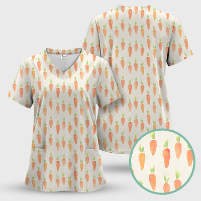 Simple Carrot Cute Pattern Scrubs Top, Comfortable Scrubs for Nurses