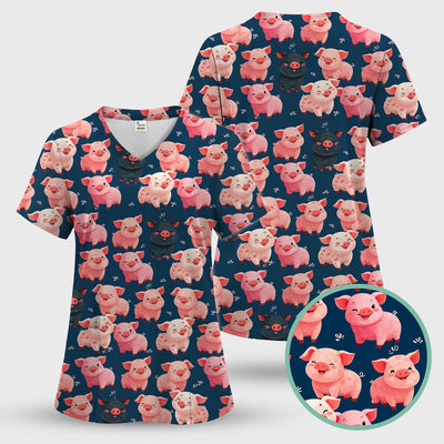 Funny Farm Pig Cartoon Pattern Scrub Top, Comfortable Scrubs for Nurses