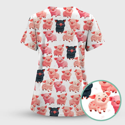 Funny Farm Pig Cartoon Pattern Scrub Top, Comfortable Scrubs for Nurses