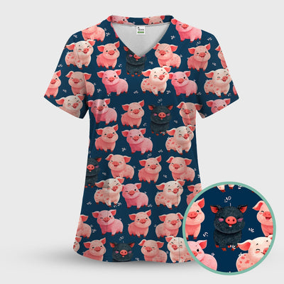 Funny Farm Pig Cartoon Pattern Scrub Top, Comfortable Scrubs for Nurses