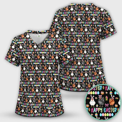 Happy Easter Bunny Eggs Pattern Scrubs Top, Comfortable Scrubs for Nurses