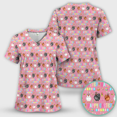 Happy Easter Bunny Eggs Pattern Scrubs Top, Comfortable Scrubs for Nurses