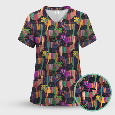 Vibrant Patchwork Rainbow Cow Pattern Scrub Top, Comfortable Scrubs for Nurses