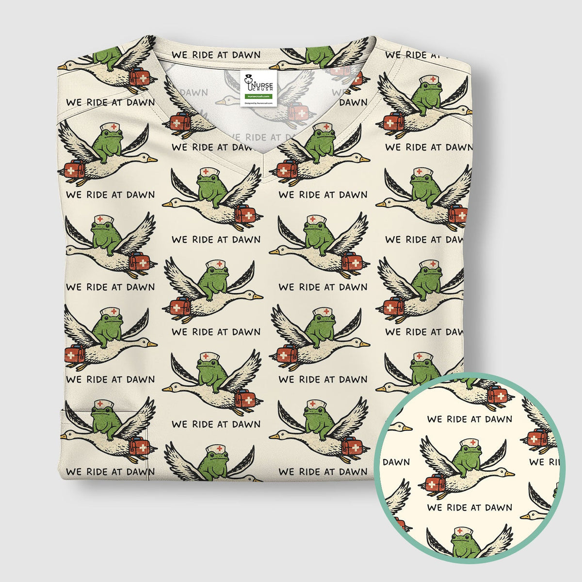 Funny Frog Riding Goose Nurse Pattern Scrub Top, Comfortable Scrubs for Nurses