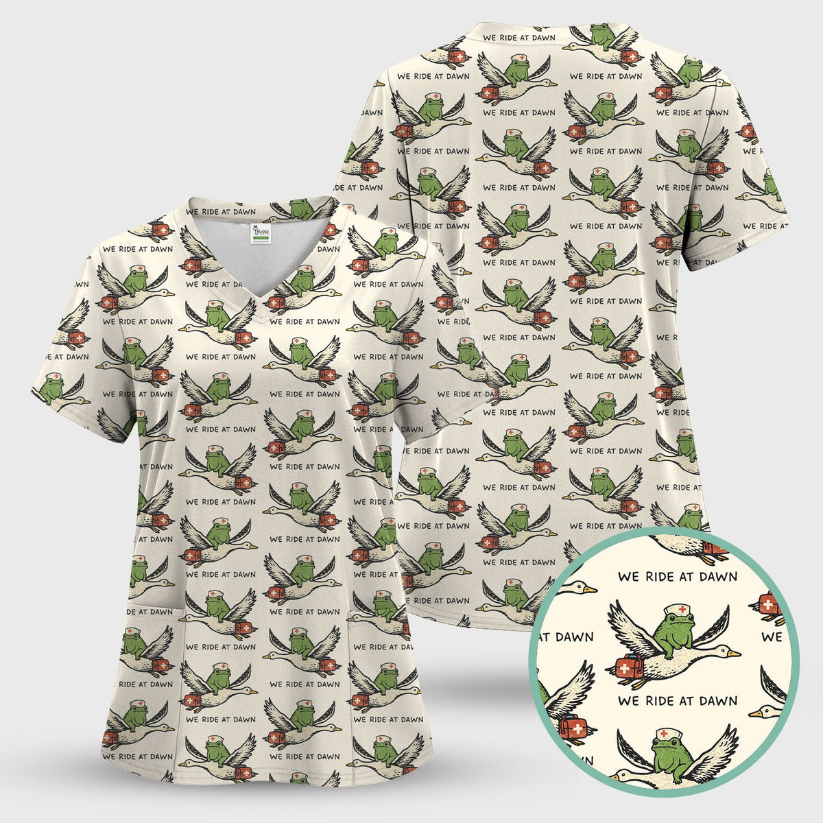 Funny Frog Riding Goose Nurse Pattern Scrub Top, Comfortable Scrubs for Nurses