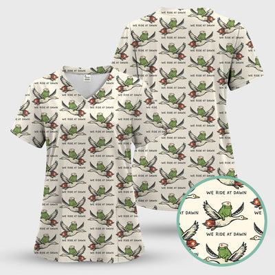 Funny Frog Riding Goose Nurse Pattern Scrub Top, Comfortable Scrubs for Nurses