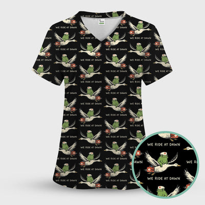 Funny Frog Riding Goose Nurse Pattern Scrub Top, Comfortable Scrubs for Nurses