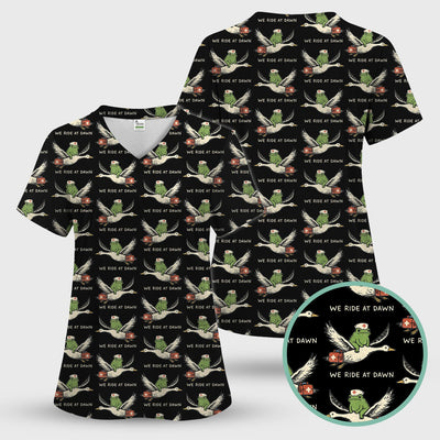 Funny Frog Riding Goose Nurse Pattern Scrub Top, Comfortable Scrubs for Nurses