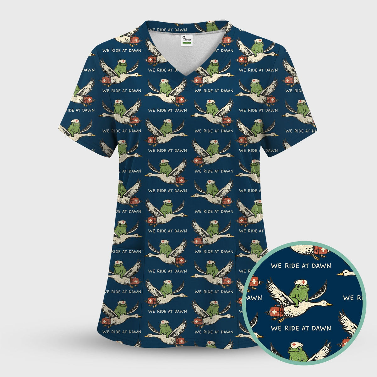 Funny Frog Riding Goose Nurse Pattern Scrub Top, Comfortable Scrubs for Nurses