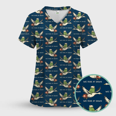 Funny Frog Riding Goose Nurse Pattern Scrub Top, Comfortable Scrubs for Nurses