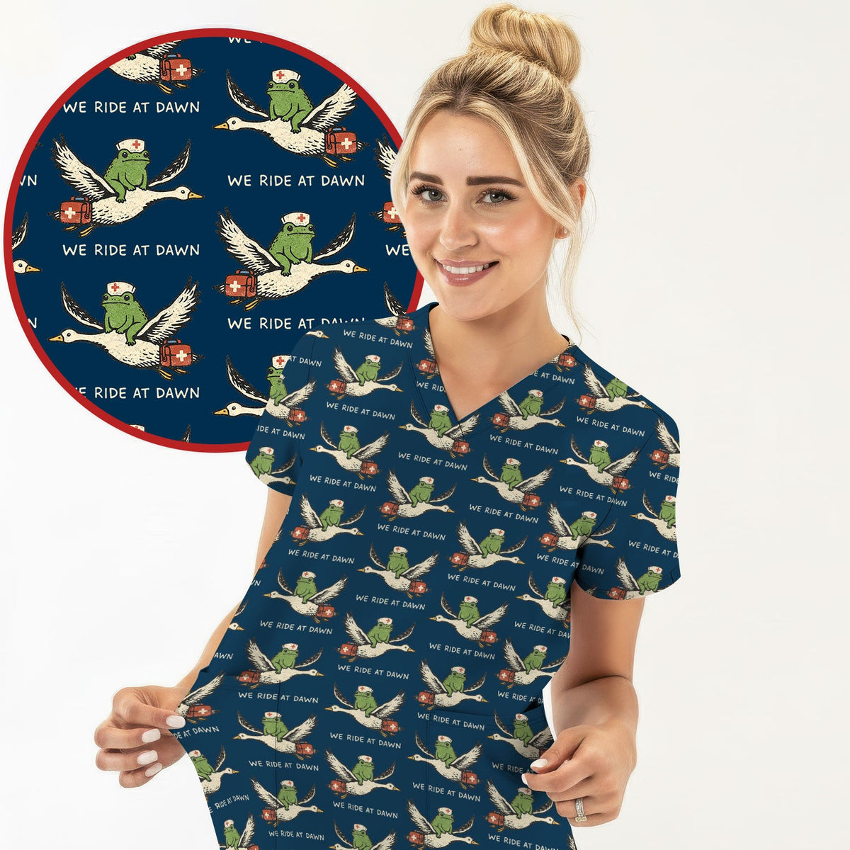 Funny Frog Riding Goose Nurse Pattern Scrub Top, Comfortable Scrubs for Nurses
