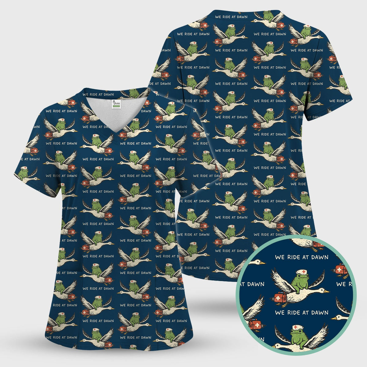 Funny Frog Riding Goose Nurse Pattern Scrub Top, Comfortable Scrubs for Nurses