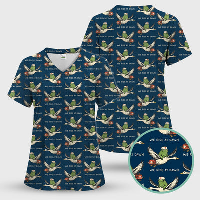 Funny Frog Riding Goose Nurse Pattern Scrub Top, Comfortable Scrubs for Nurses