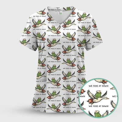 Funny Frog Riding Goose Nurse Pattern Scrub Top, Comfortable Scrubs for Nurses
