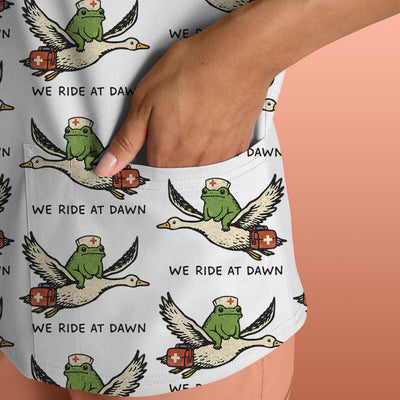 Funny Frog Riding Goose Nurse Pattern Scrub Top, Comfortable Scrubs for Nurses