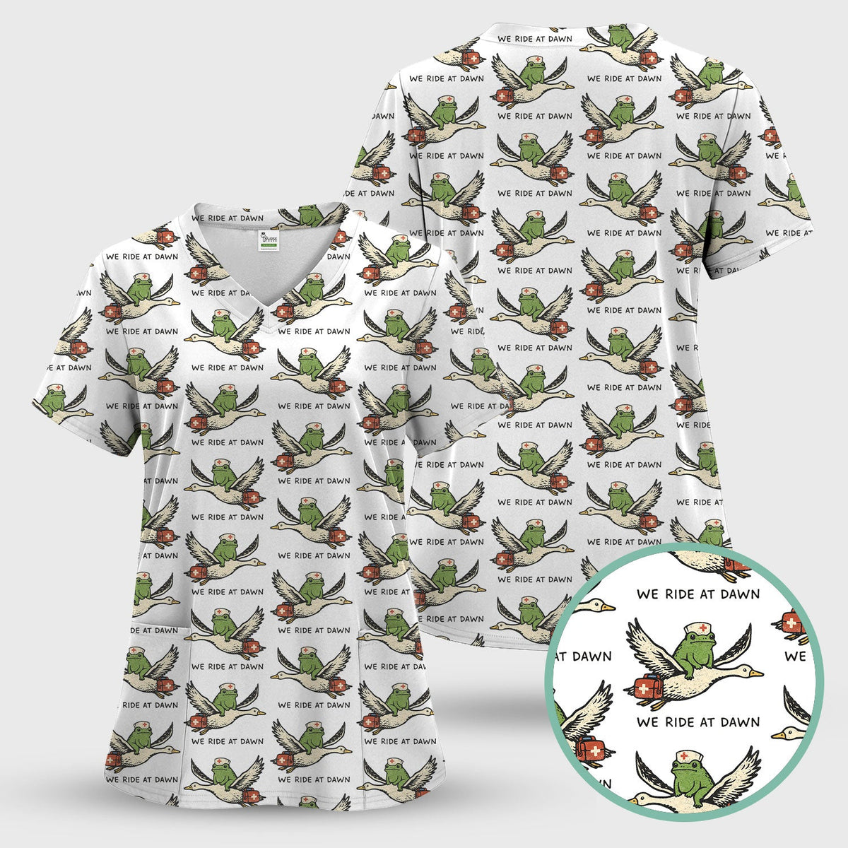 Funny Frog Riding Goose Nurse Pattern Scrub Top, Comfortable Scrubs for Nurses