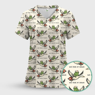 Funny Frog Riding Goose Nurse Pattern Scrub Top, Comfortable Scrubs for Nurses