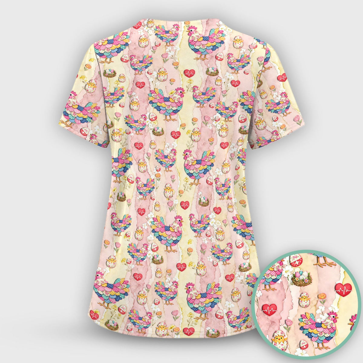 Colorful Chicken Easter Eggs Heart Pattern Scrubs Top, Breathable Fabrics Nursing Uniform