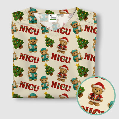 Festive Christmas NICU Nurse Teddy Bear Pattern, Breathable Fabrics Nursing Uniform