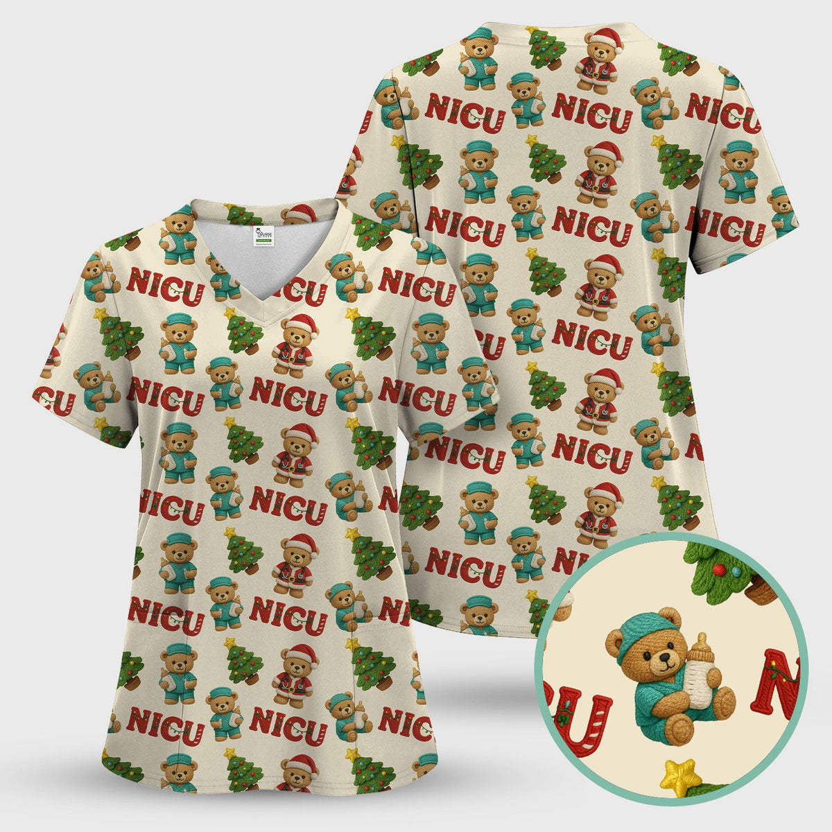 Festive Christmas NICU Nurse Teddy Bear Pattern, Breathable Fabrics Nursing Uniform