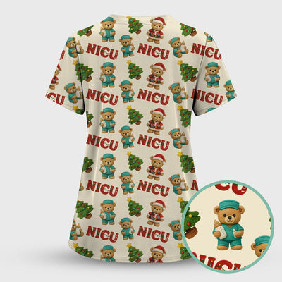 Festive Christmas NICU Nurse Teddy Bear Pattern, Breathable Fabrics Nursing Uniform