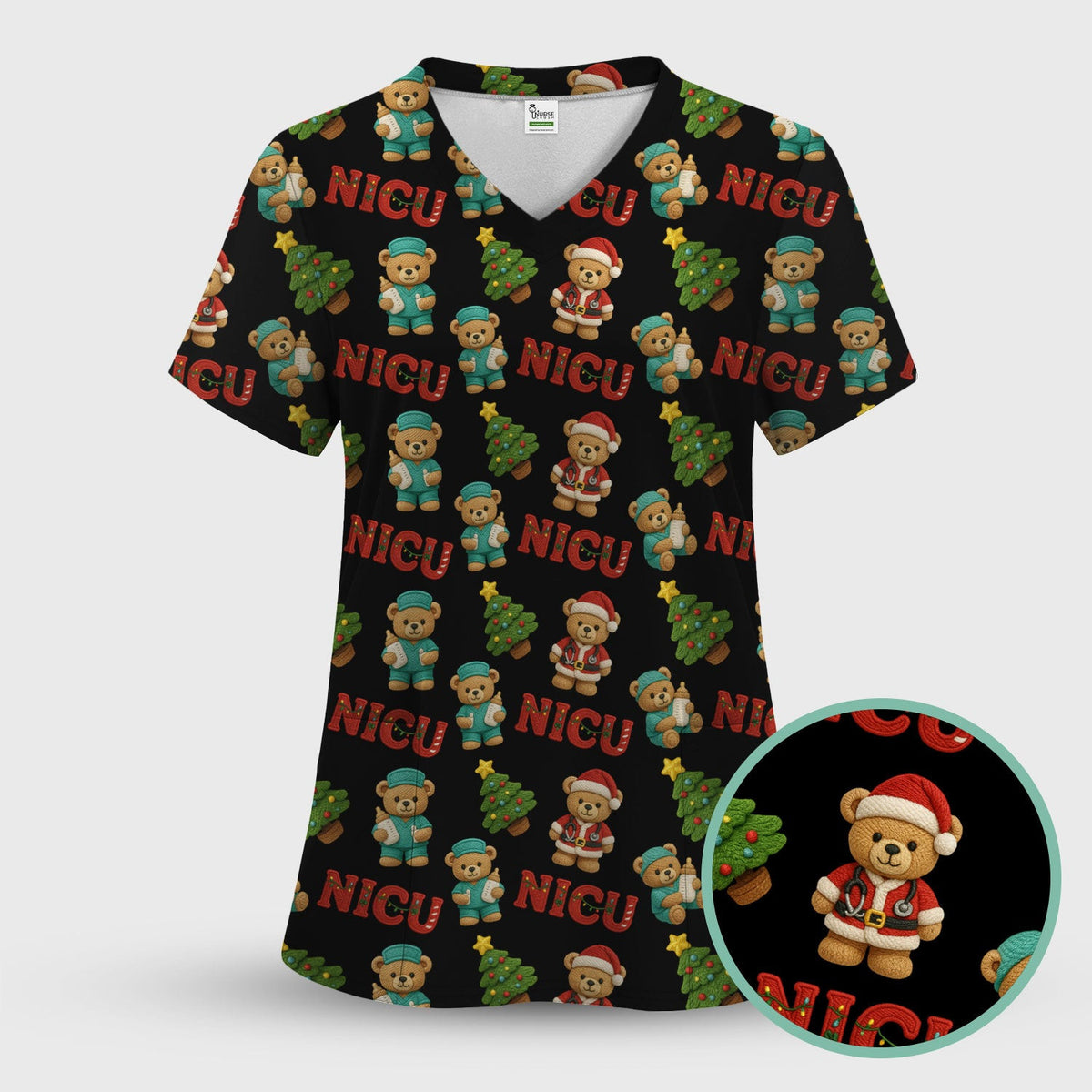 Festive Christmas NICU Nurse Teddy Bear Pattern, Breathable Fabrics Nursing Uniform