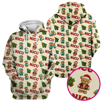 Festive Christmas NICU Nurse Teddy Bear Pattern, Breathable Fabrics Nursing Uniform