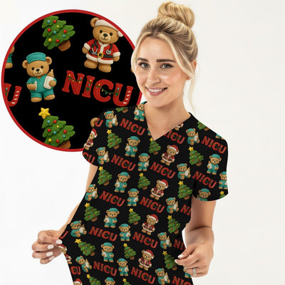 Festive Christmas NICU Nurse Teddy Bear Pattern, Breathable Fabrics Nursing Uniform