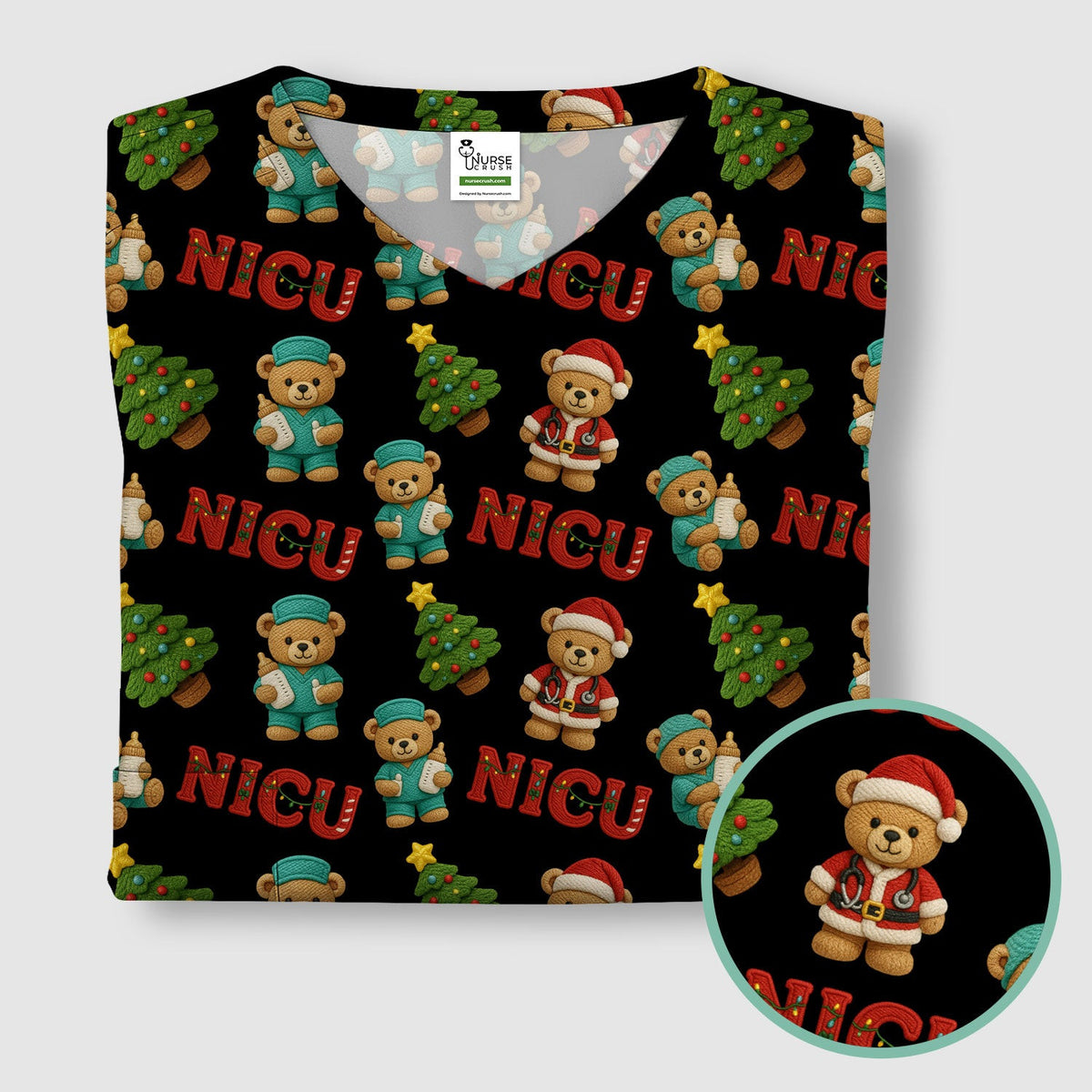 Festive Christmas NICU Nurse Teddy Bear Pattern, Breathable Fabrics Nursing Uniform