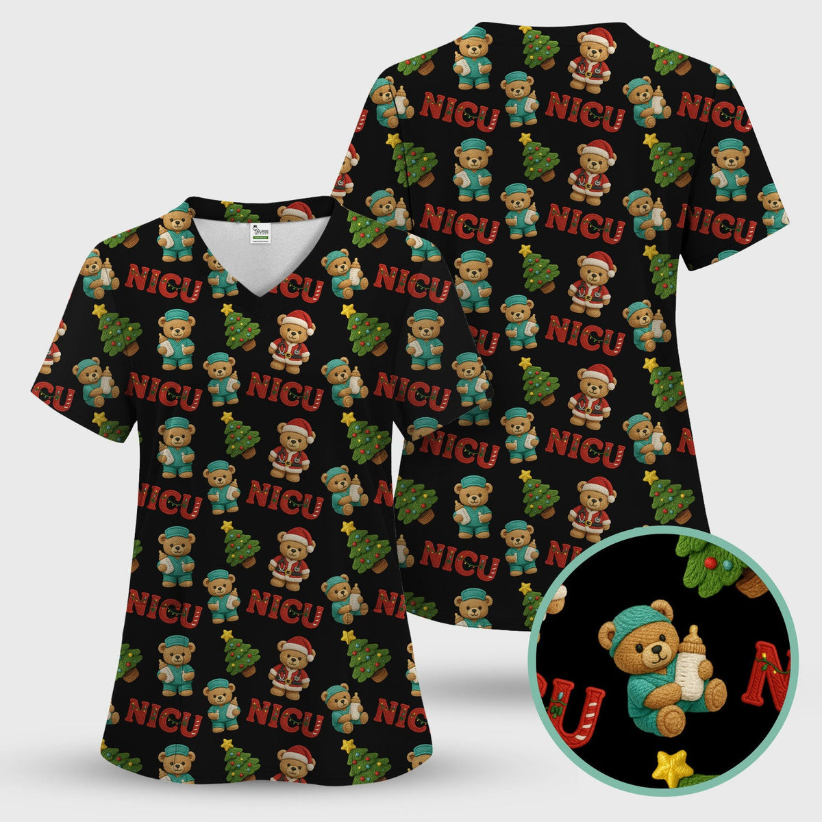 Festive Christmas NICU Nurse Teddy Bear Pattern, Breathable Fabrics Nursing Uniform