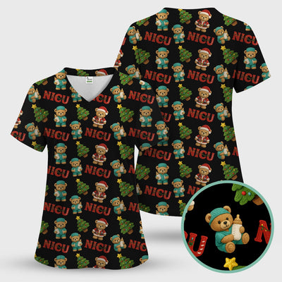 Festive Christmas NICU Nurse Teddy Bear Pattern, Breathable Fabrics Nursing Uniform
