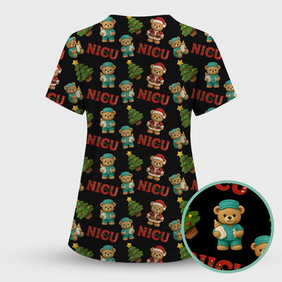Festive Christmas NICU Nurse Teddy Bear Pattern, Breathable Fabrics Nursing Uniform