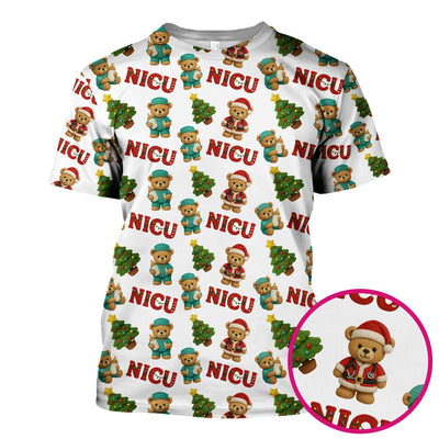 Festive Christmas NICU Nurse Teddy Bear Pattern, Breathable Fabrics Nursing Uniform