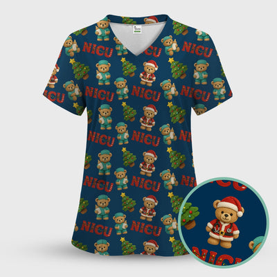 Festive Christmas NICU Nurse Teddy Bear Pattern, Breathable Fabrics Nursing Uniform