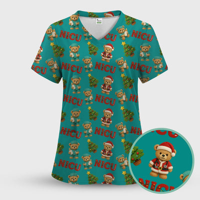 Festive Christmas NICU Nurse Teddy Bear Pattern, Breathable Fabrics Nursing Uniform