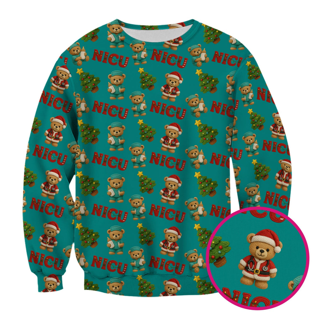 Festive Christmas NICU Nurse Teddy Bear Pattern, Breathable Fabrics Nursing Uniform
