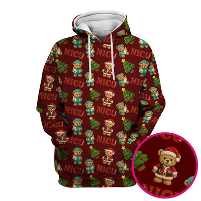 Festive Christmas NICU Nurse Teddy Bear Pattern, Breathable Fabrics Nursing Uniform