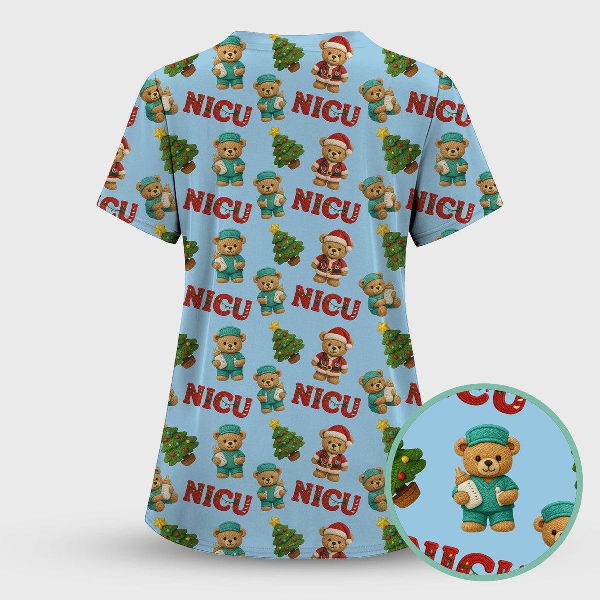 Festive Christmas NICU Nurse Teddy Bear Pattern, Breathable Fabrics Nursing Uniform