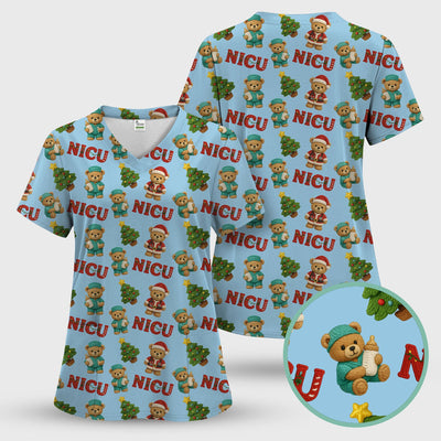 Festive Christmas NICU Nurse Teddy Bear Pattern, Breathable Fabrics Nursing Uniform