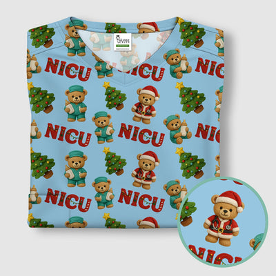 Festive Christmas NICU Nurse Teddy Bear Pattern, Breathable Fabrics Nursing Uniform