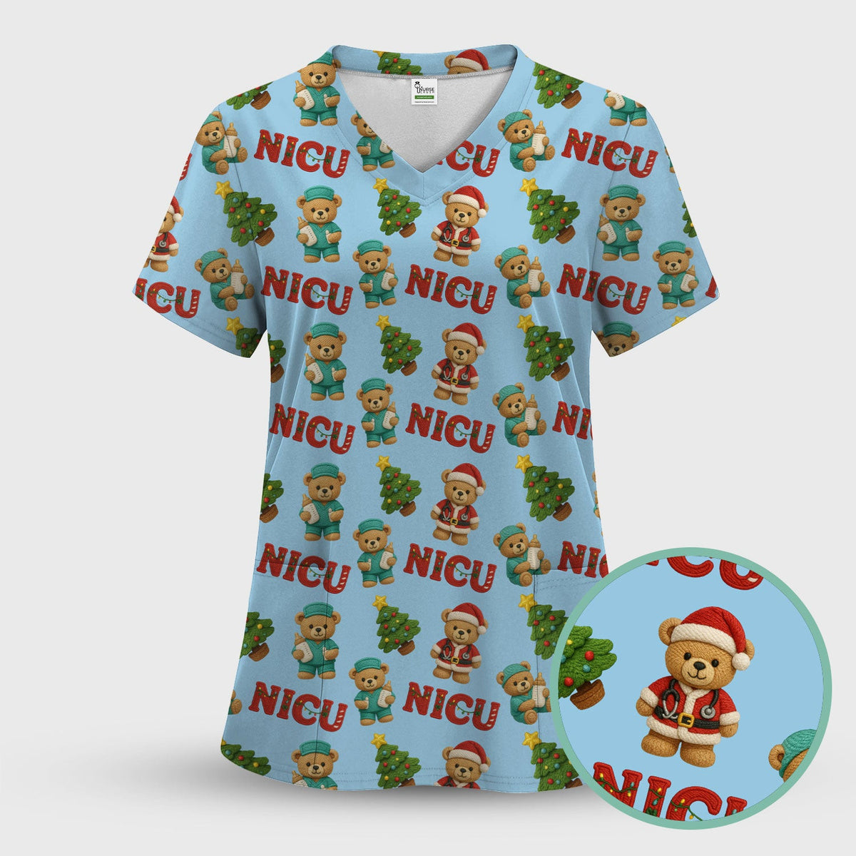 Festive Christmas NICU Nurse Teddy Bear Pattern, Breathable Fabrics Nursing Uniform