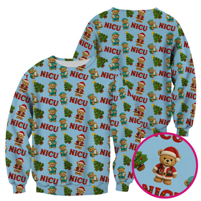 Festive Christmas NICU Nurse Teddy Bear Pattern, Breathable Fabrics Nursing Uniform
