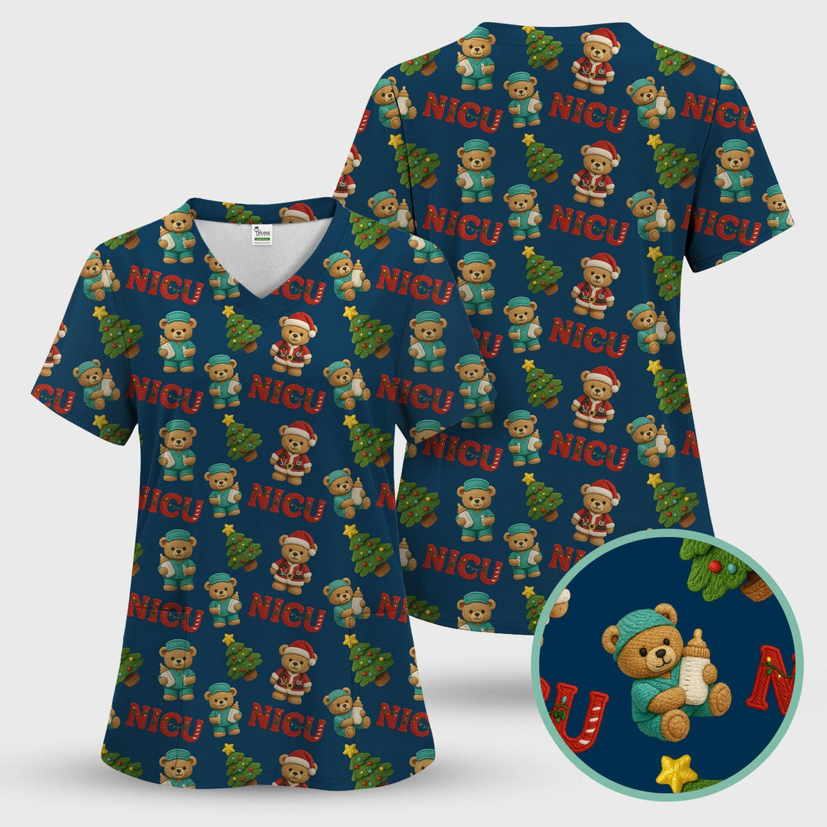 Festive Christmas NICU Nurse Teddy Bear Pattern, Breathable Fabrics Nursing Uniform