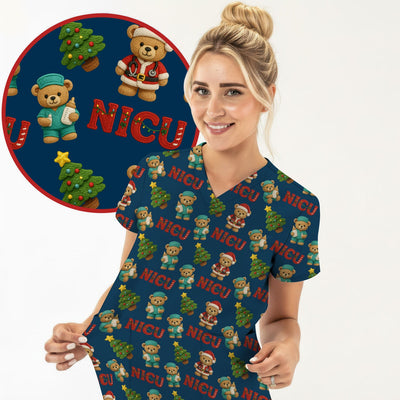 Festive Christmas NICU Nurse Teddy Bear Pattern, Breathable Fabrics Nursing Uniform