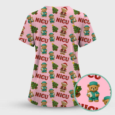 Festive Christmas NICU Nurse Teddy Bear Pattern, Breathable Fabrics Nursing Uniform