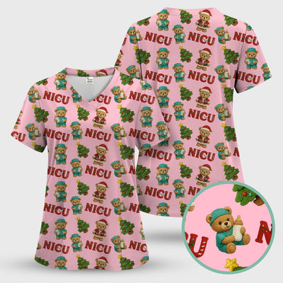 Festive Christmas NICU Nurse Teddy Bear Pattern, Breathable Fabrics Nursing Uniform