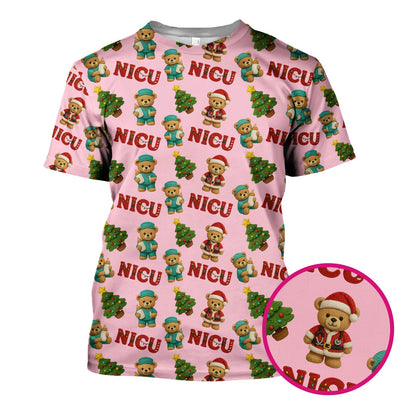 Festive Christmas NICU Nurse Teddy Bear Pattern, Breathable Fabrics Nursing Uniform