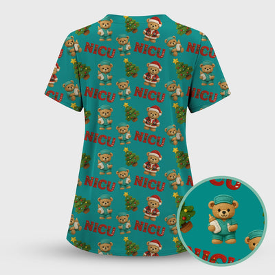 Festive Christmas NICU Nurse Teddy Bear Pattern, Breathable Fabrics Nursing Uniform