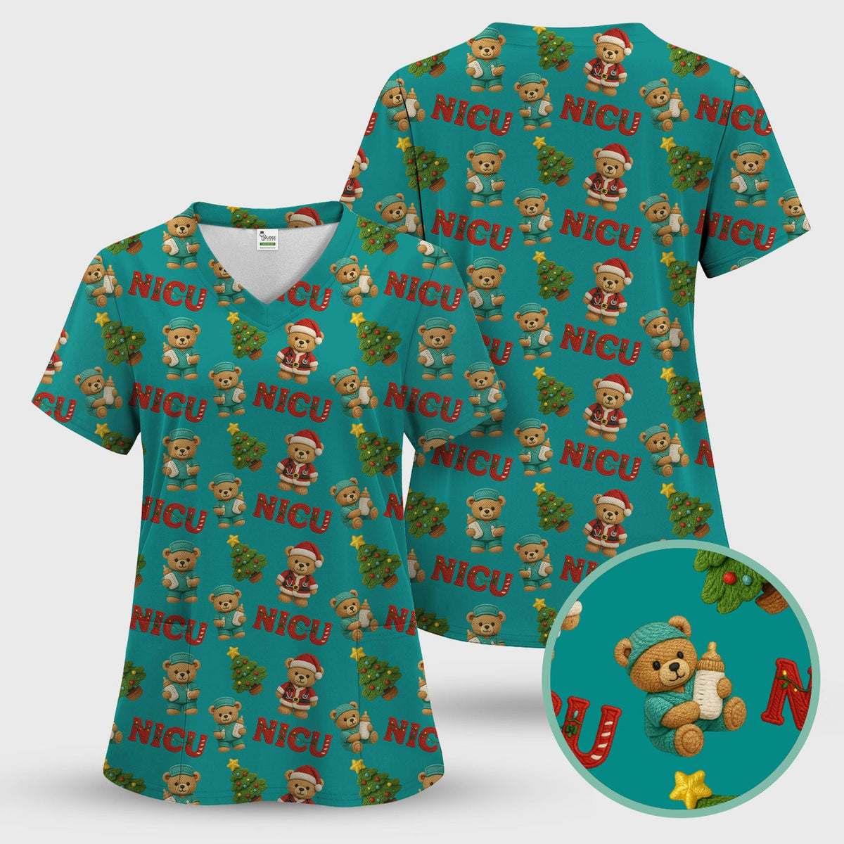 Festive Christmas NICU Nurse Teddy Bear Pattern, Breathable Fabrics Nursing Uniform